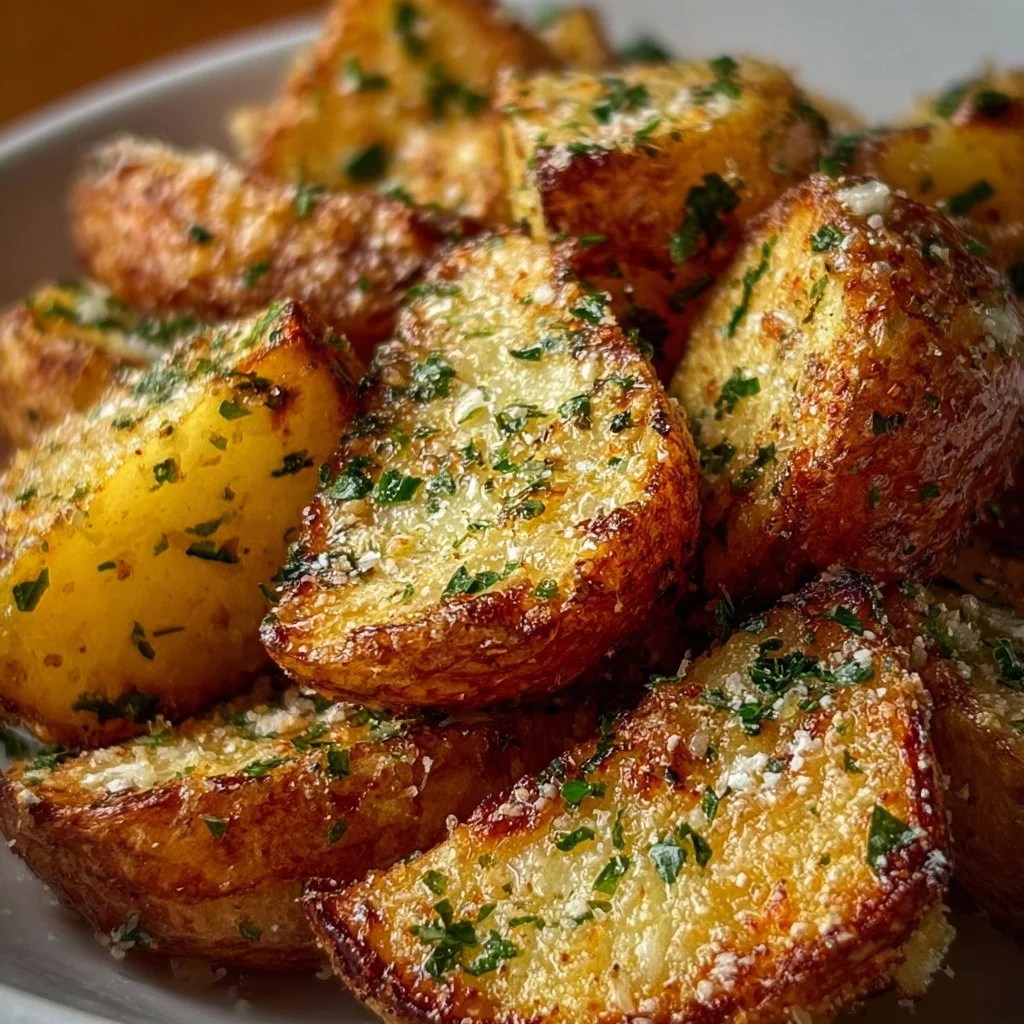 Air fryer baked garlic parmesan potatoes topped with herbs