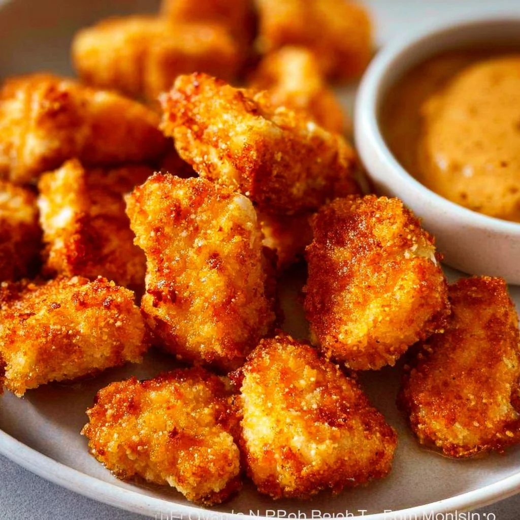 Crispy Air Fryer Chicken Bites served with dipping sauce.