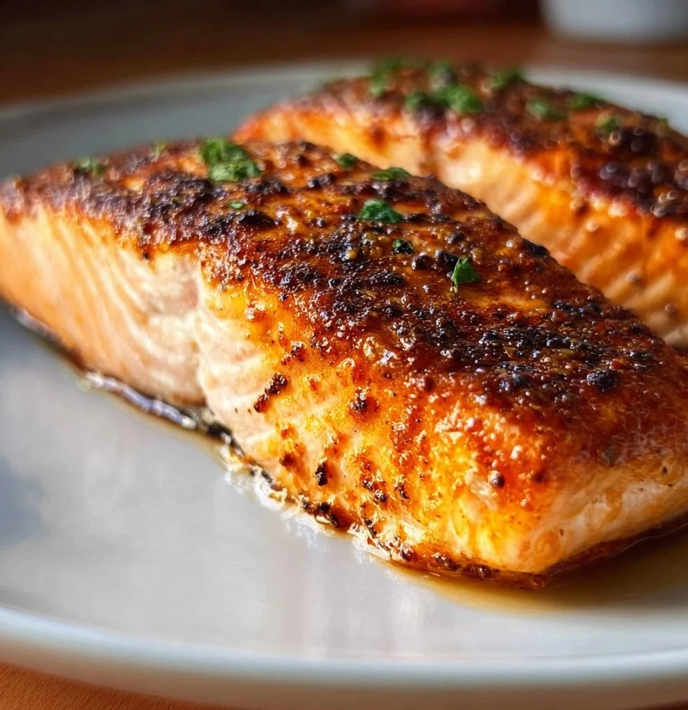 Crispy air fryer salmon served on a plate with lemon and herbs.