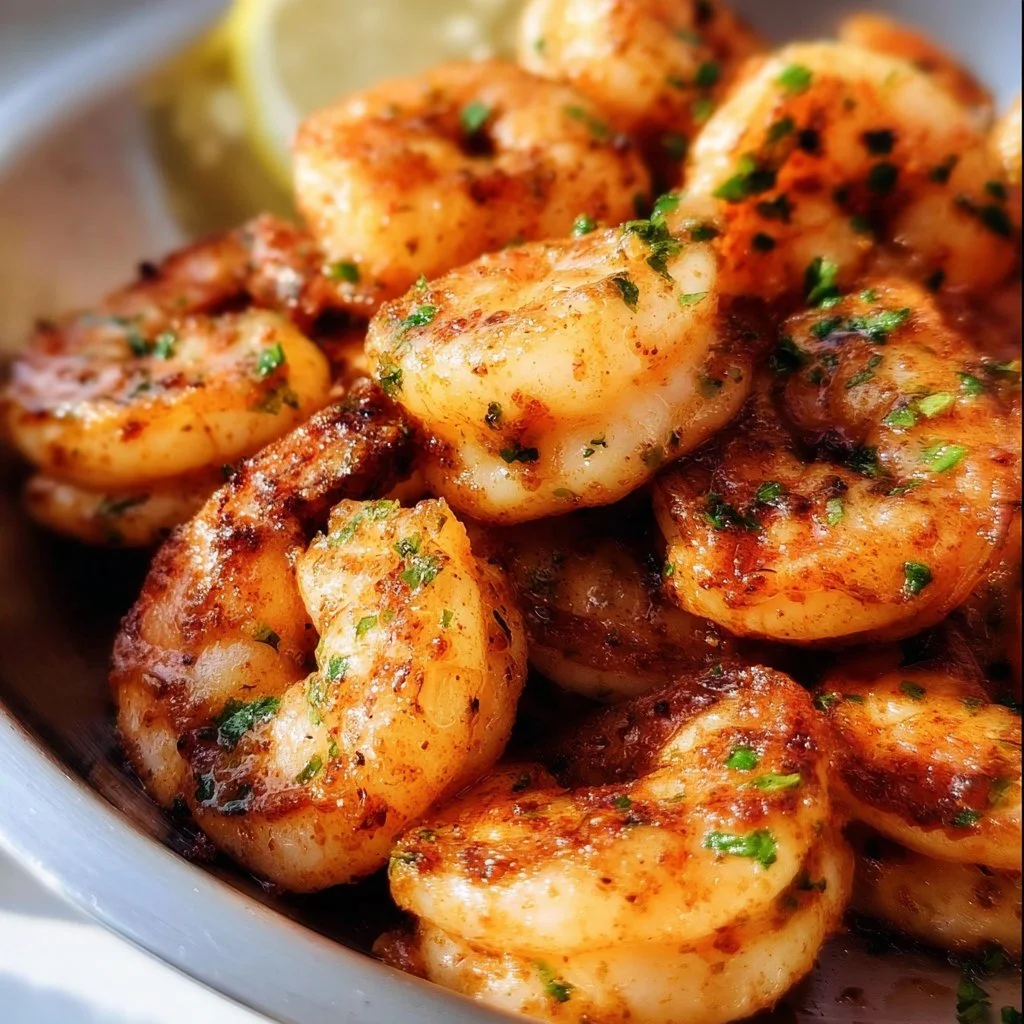 Crispy air fryer shrimp served on a plate with lemon and herbs