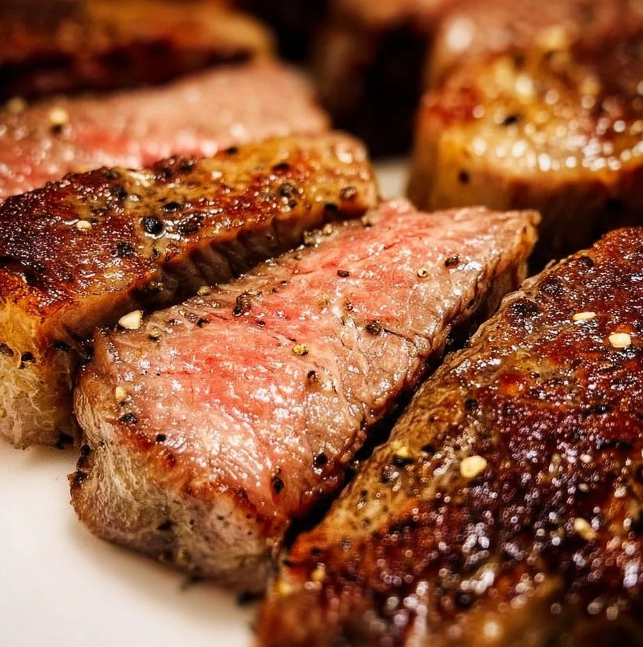 Perfectly cooked air fryer steak served on a plate with herbs and spices.