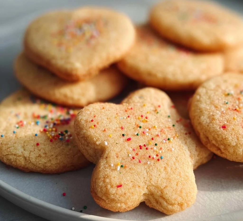 Delicious air fryer sugar cookies on a plate decorated with sprinkles