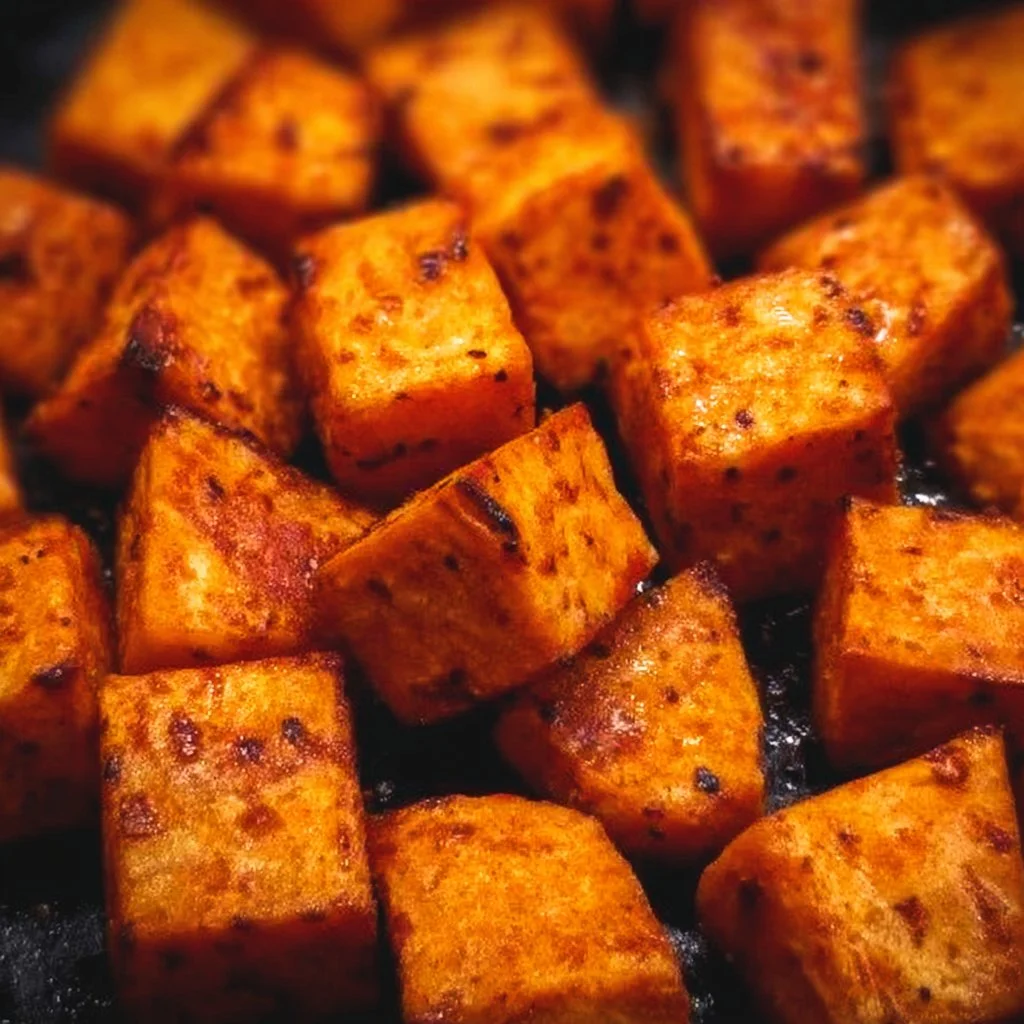 Crispy air fryer sweet potato cubes served in a bowl
