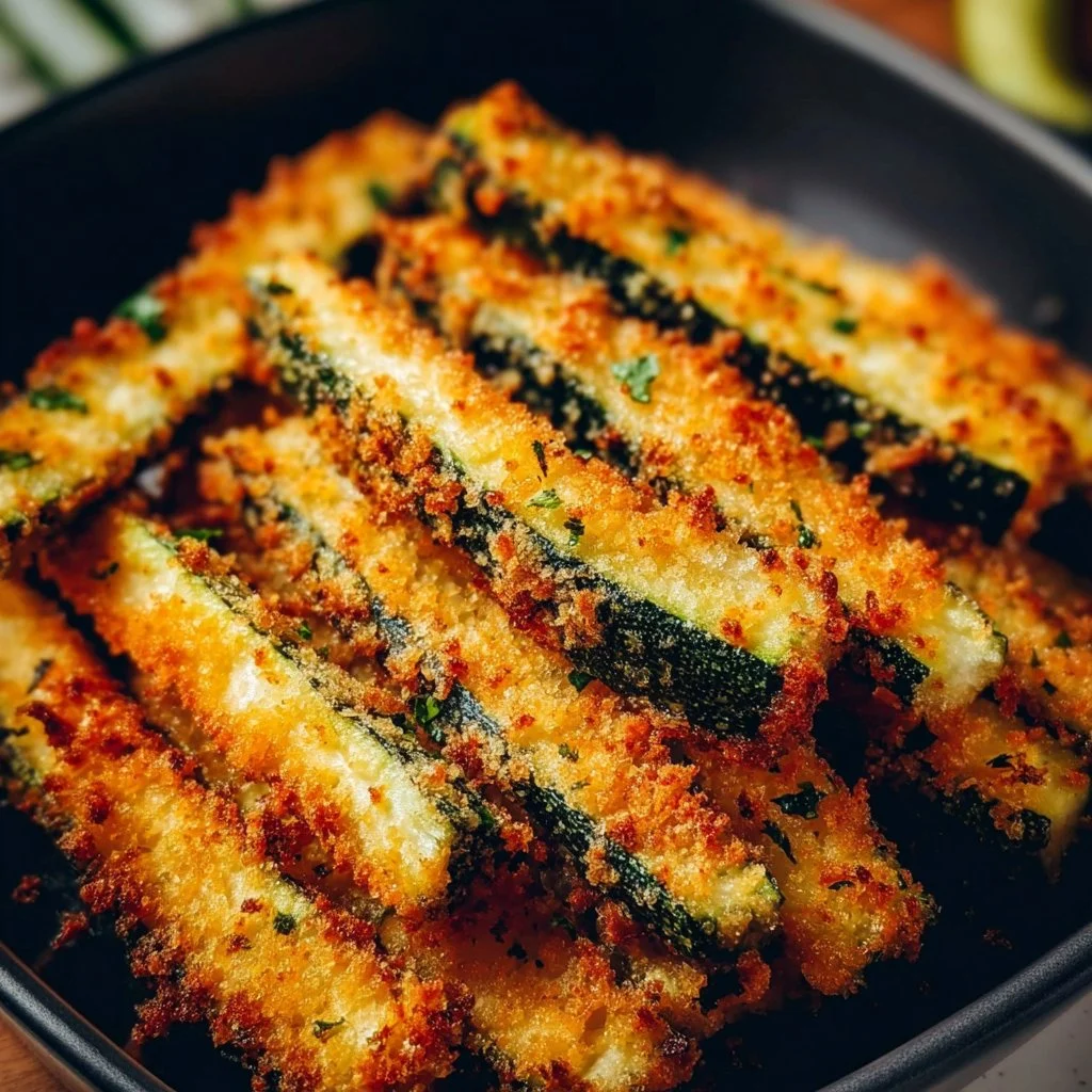 Crispy air fryer zucchini fries served in a bowl with a dipping sauce.