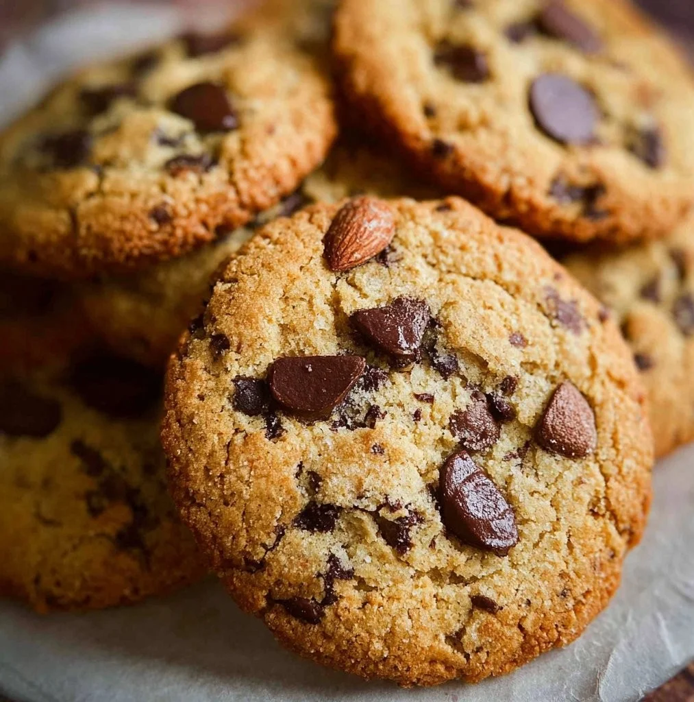 Freshly baked Almond Flour Chocolate Chip Cookies on a cooling rack