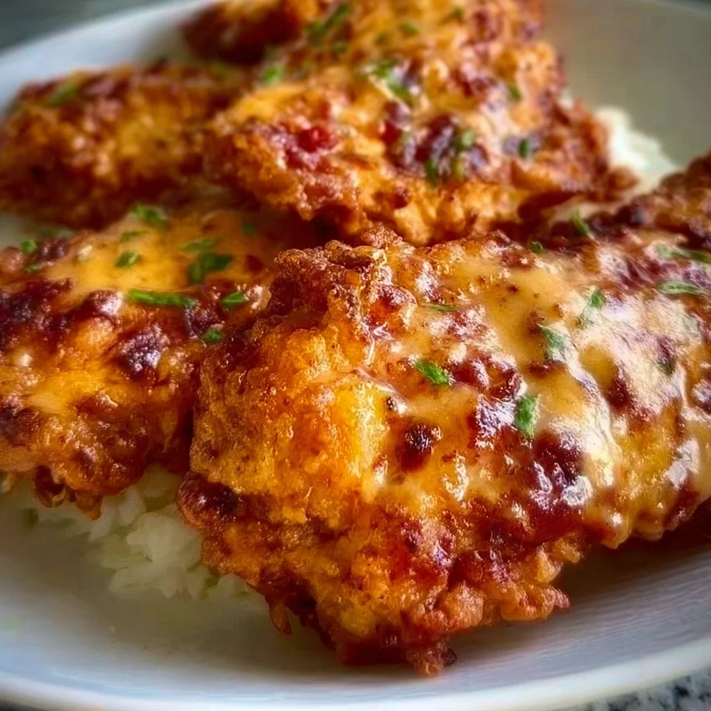 Bang Bang Air Fryer Chicken served with dipping sauce and garnished with herbs.