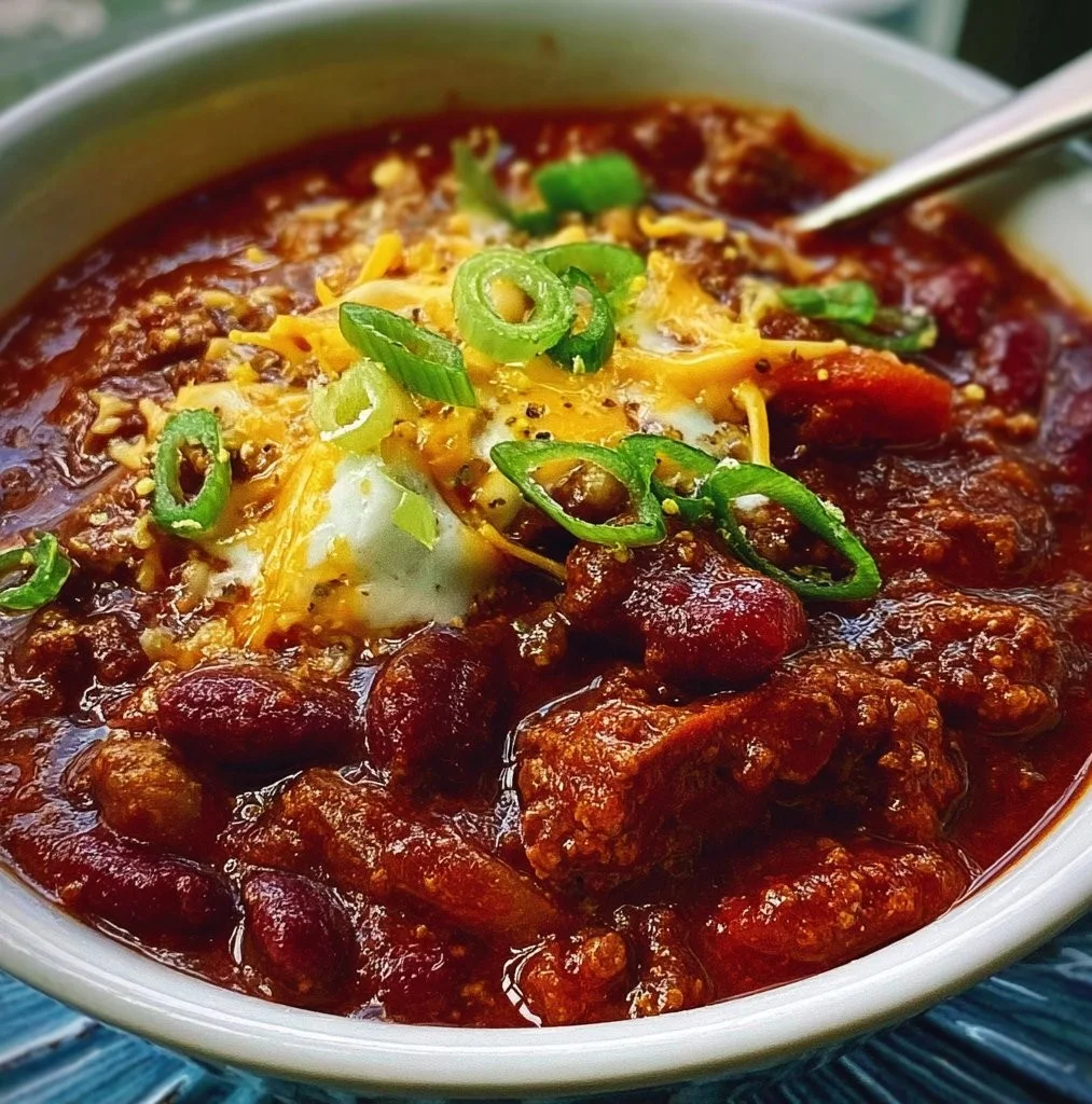 Bowl of classic low sodium chili topped with fresh herbs and served with cornbread.
