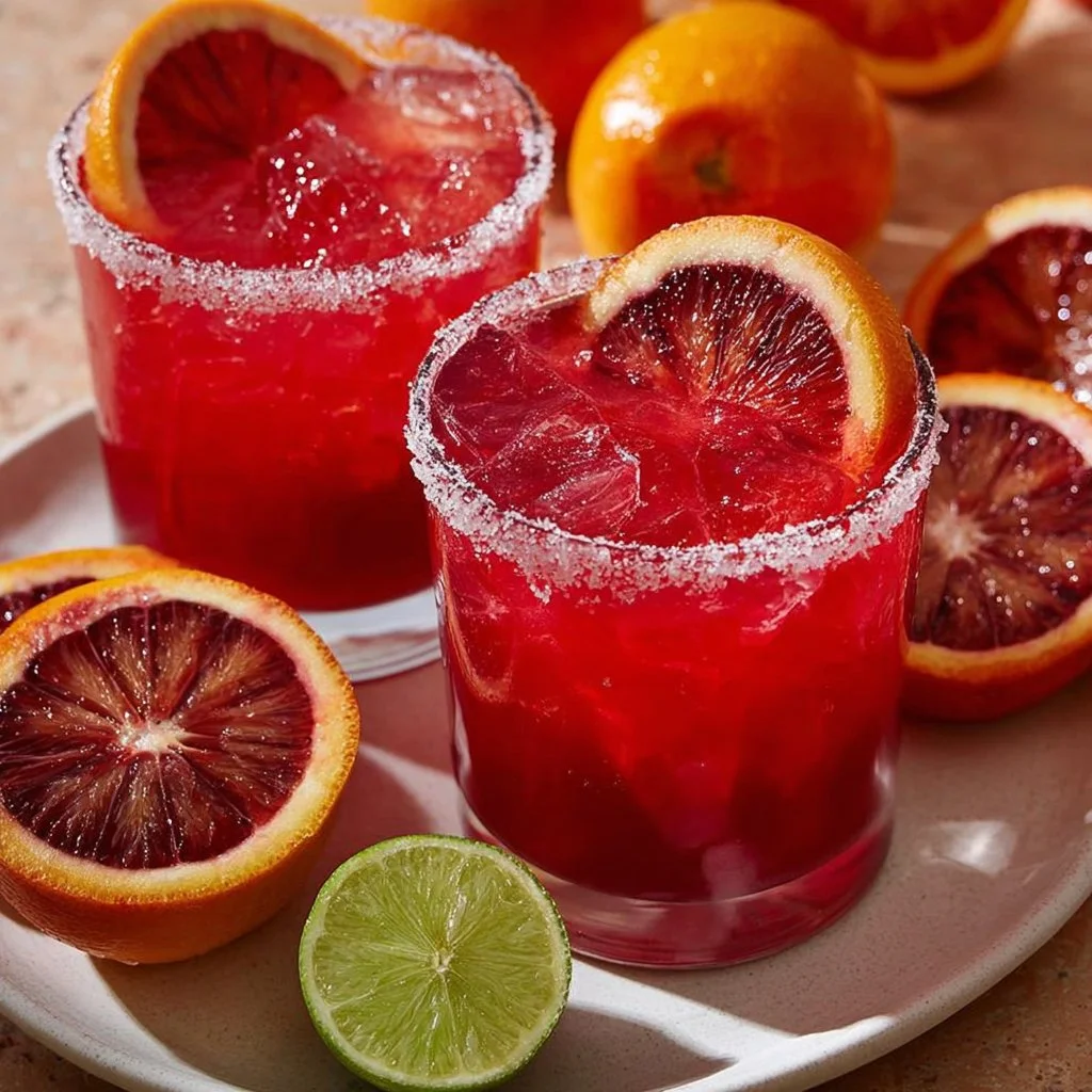 Refreshing Blood Orange Margarita cocktail garnished with a slice of blood orange.