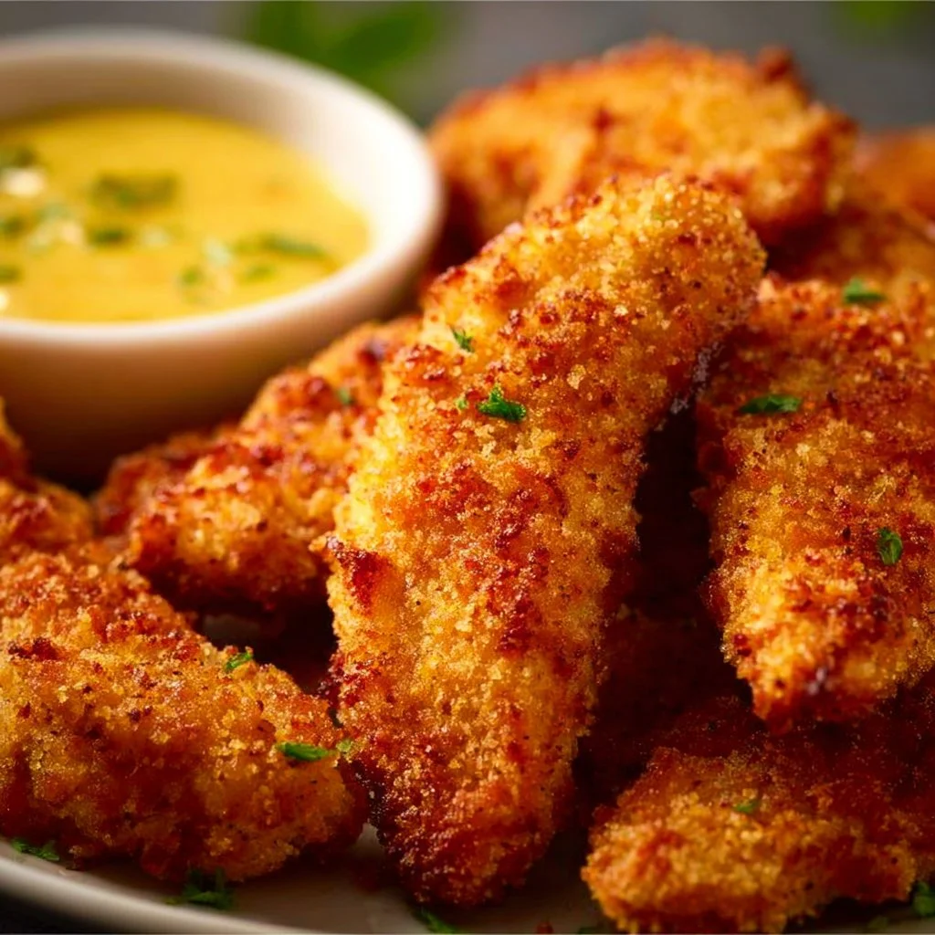 Breaded air fryer chicken tenders served on a plate with dipping sauce