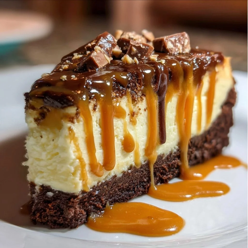 Brownie Caramel Cheesecake topped with caramel sauce and chocolate shavings