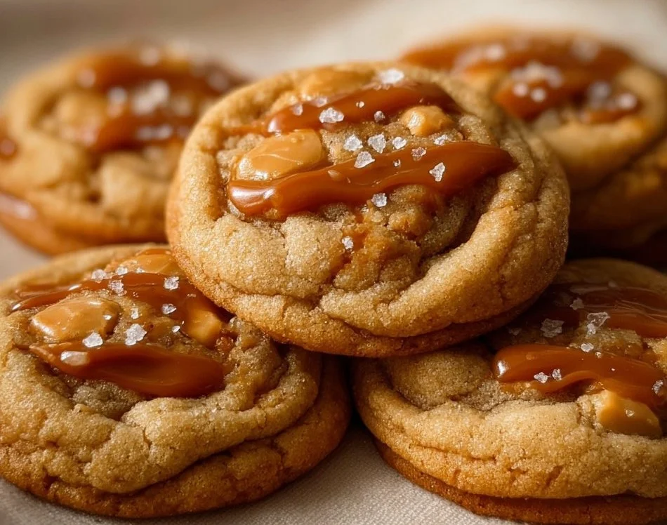 Freshly baked caramel cookies on a cooling rack