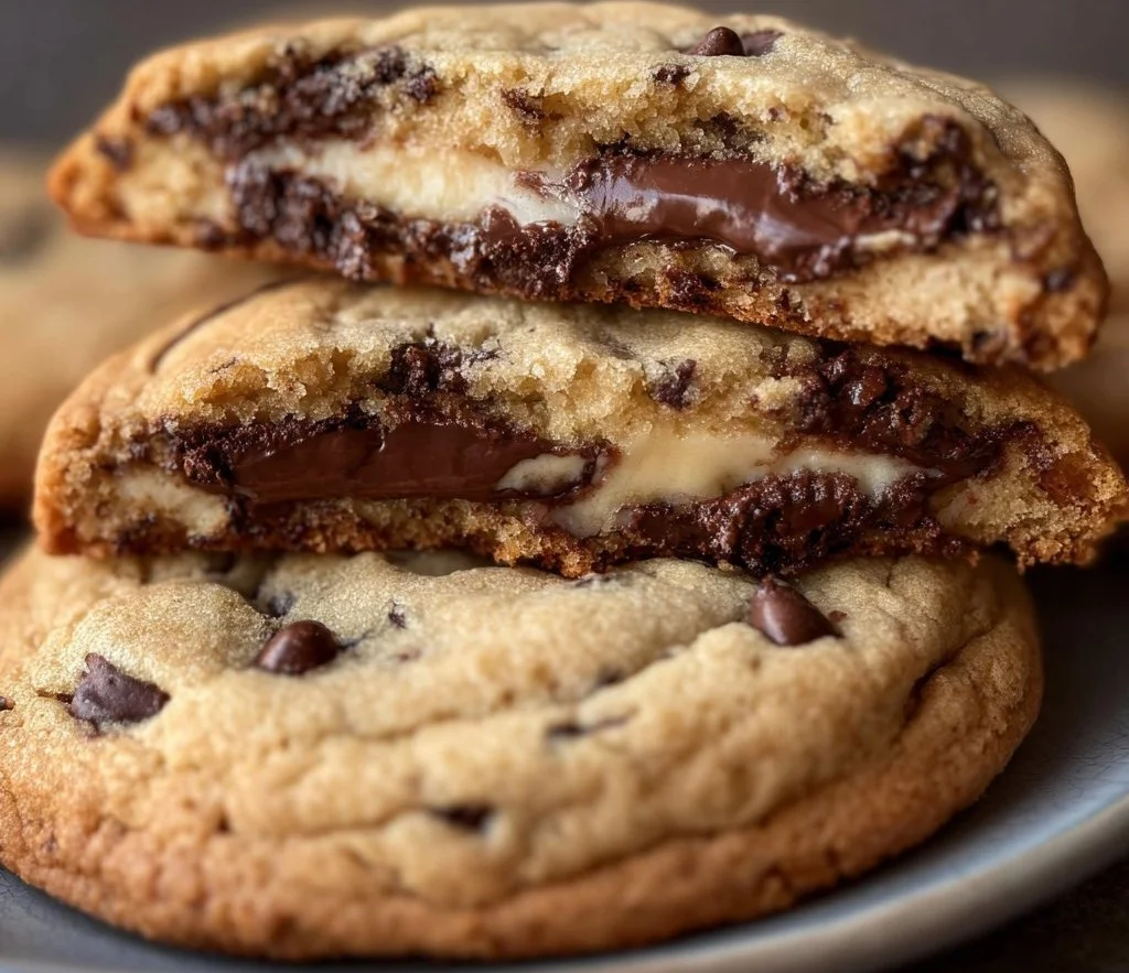 Cheesecake stuffed chocolate chip cookies on a plate, ready to enjoy.