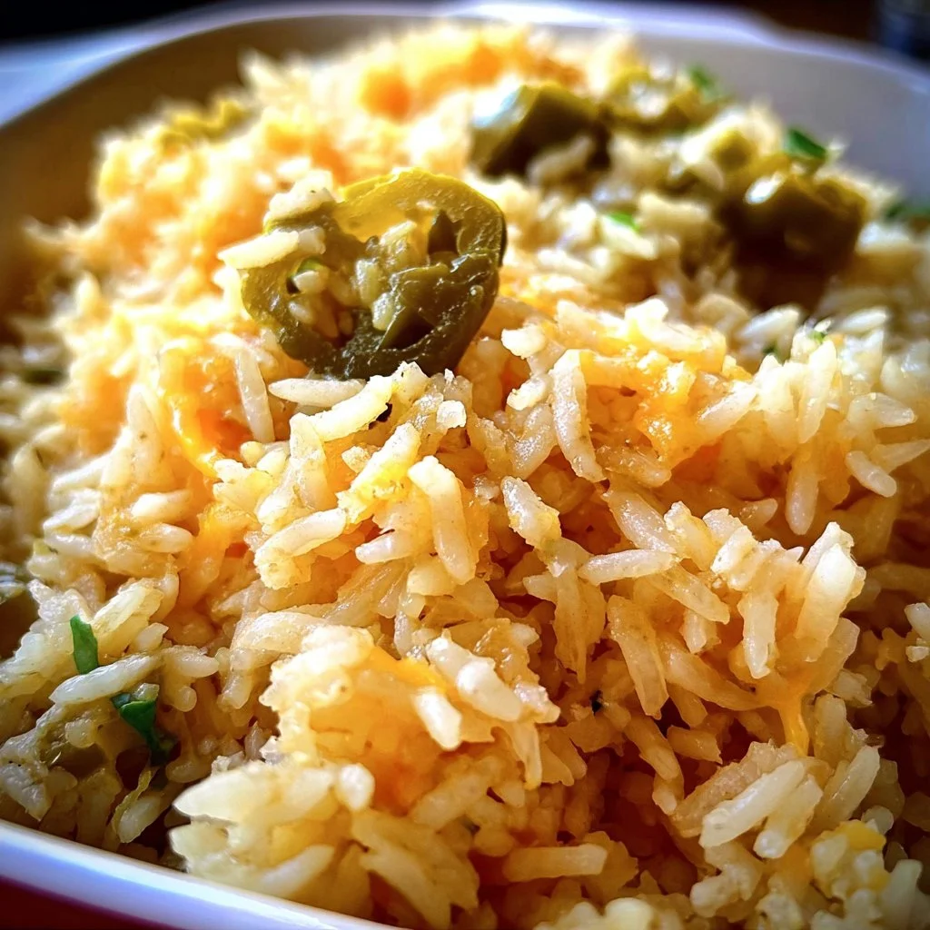 Cheesy Green Chili Rice dish with melted cheese and green chilies