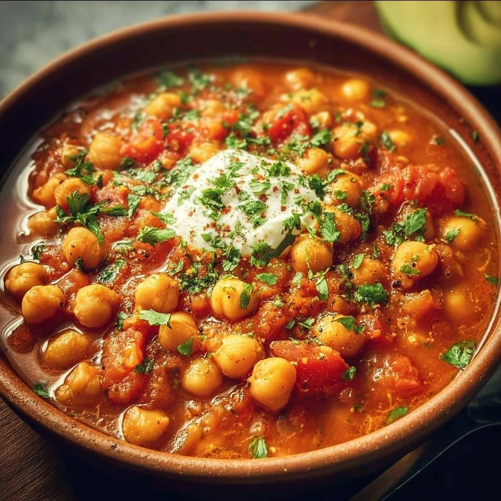 A bowl of hearty Chickpea Chili garnished with fresh herbs and served with bread.