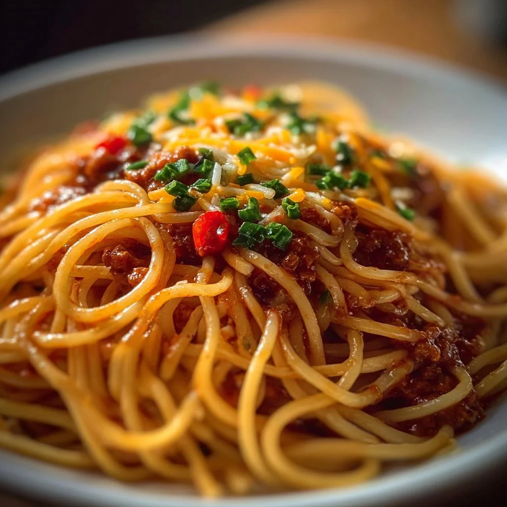 A bowl of delicious Chili Spaghetti topped with cheese and herbs.