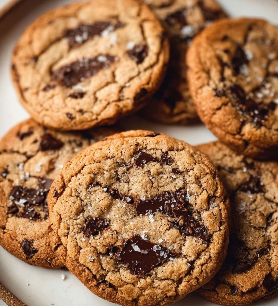 Chocolate chip tahini cookies on a plate, showcasing a unique twist on classic cookies.