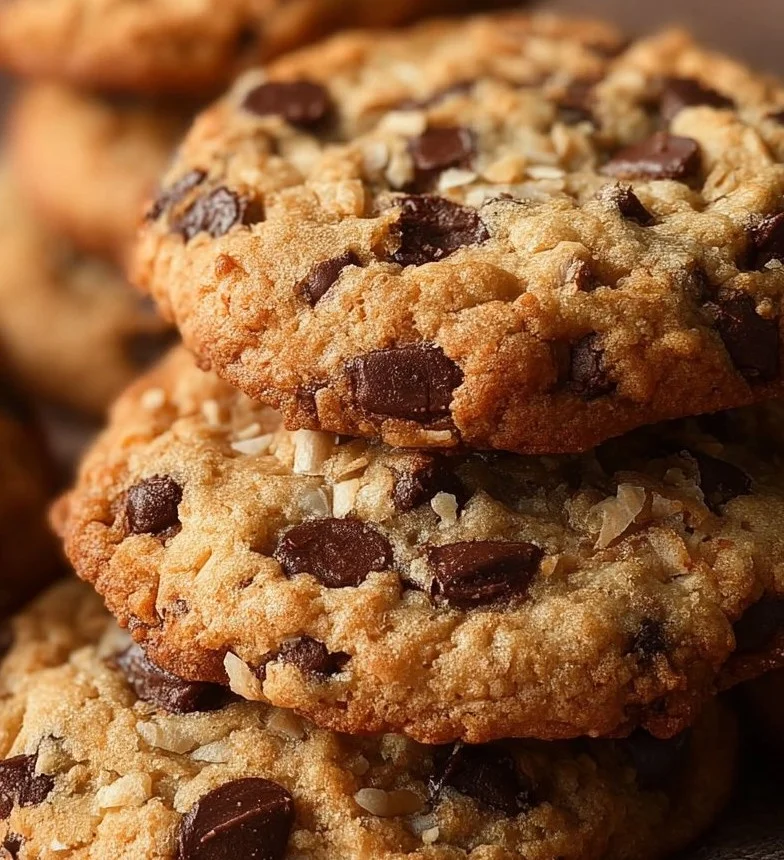 Freshly baked coconut chocolate chip cookies on a plate