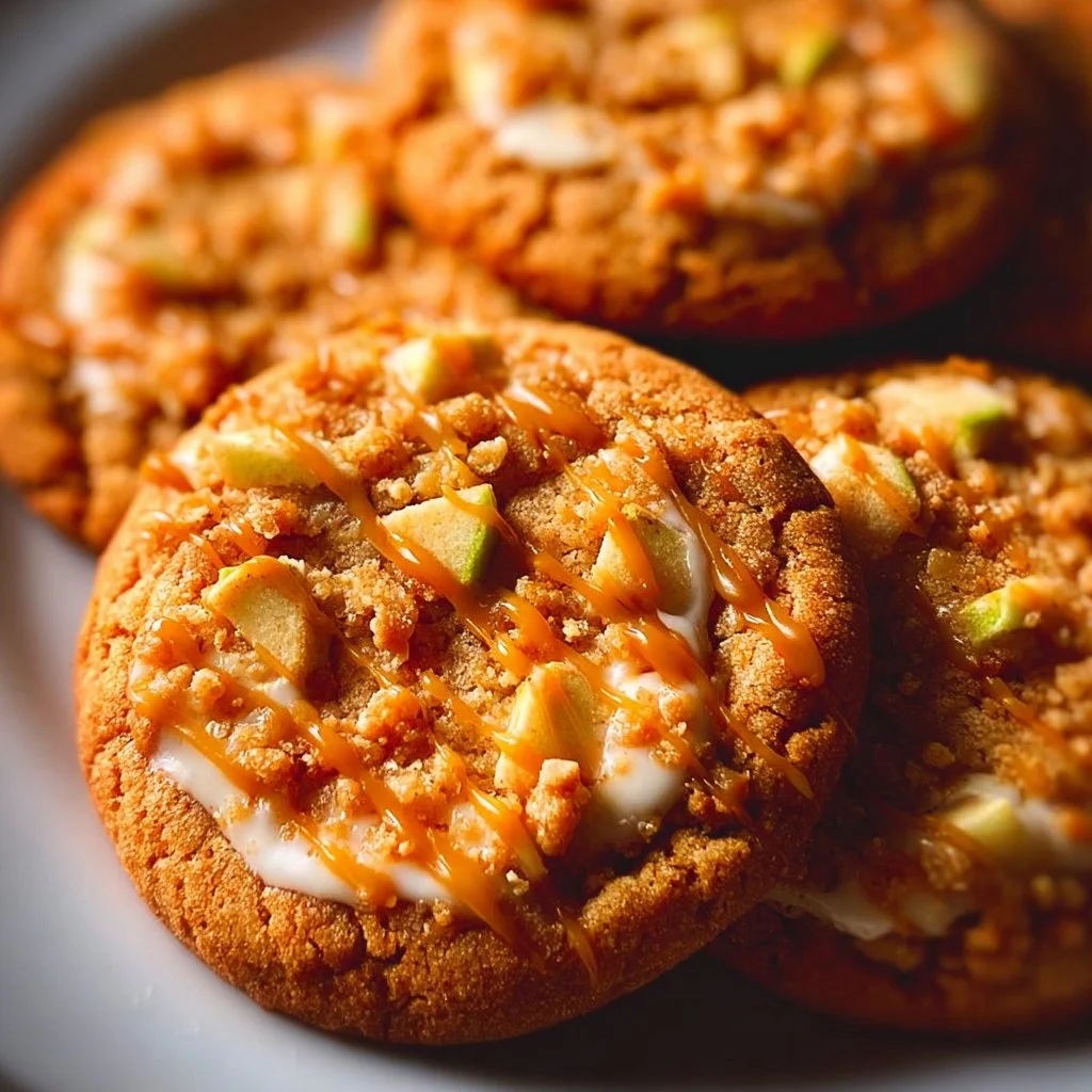 Delicious copycat Crumbl caramel apple cookies plated with caramel drizzle