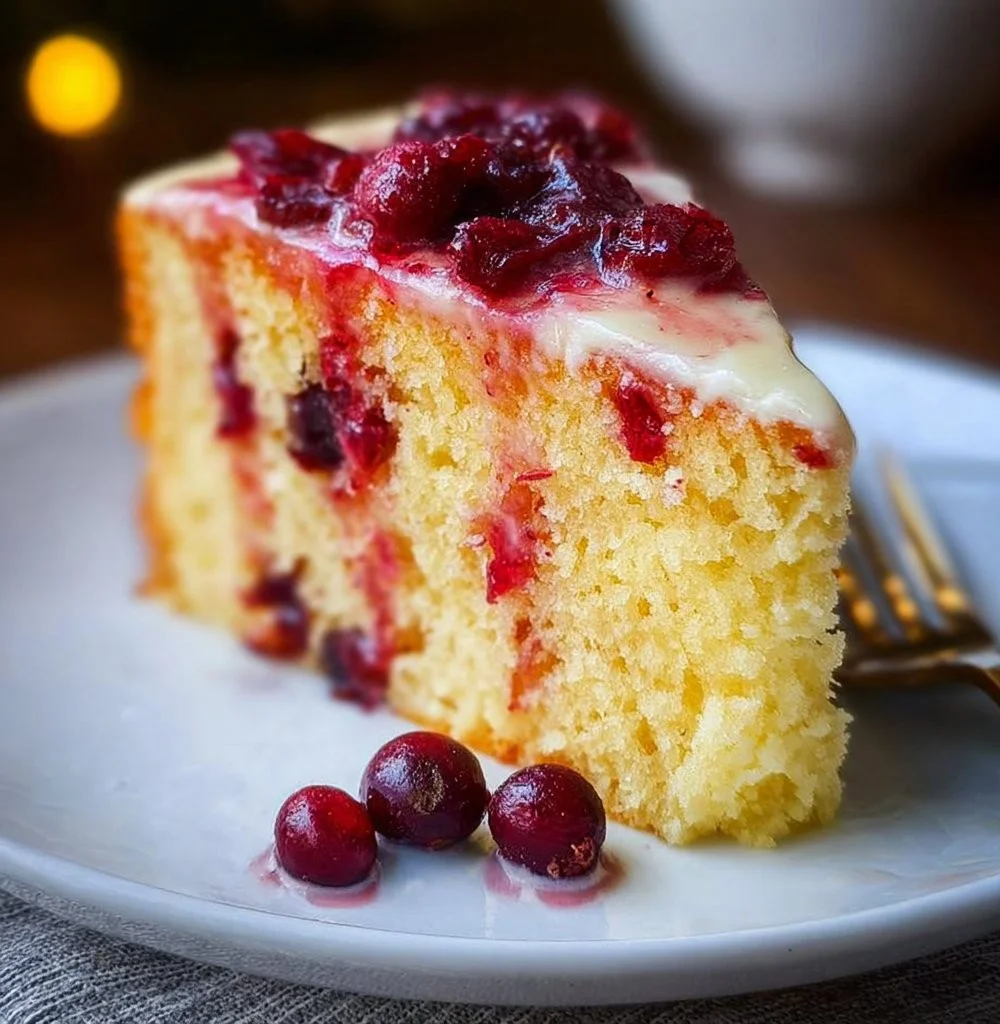 Delicious Cranberry Orange Cake with a citrus glaze and holiday decorations