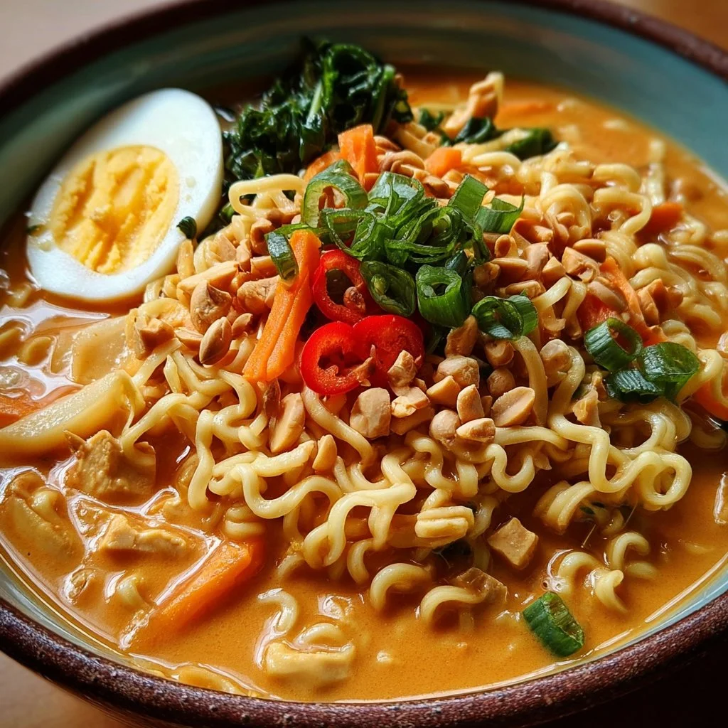 Bowl of creamy peanut butter ramen topped with fresh herbs and vegetables.