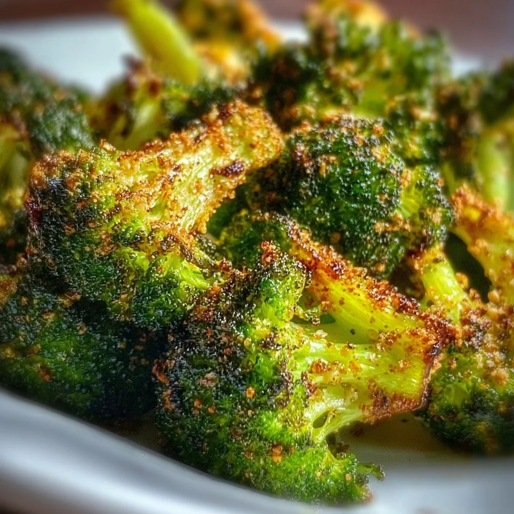 Crispy air fryer broccoli served in a bowl with seasoning