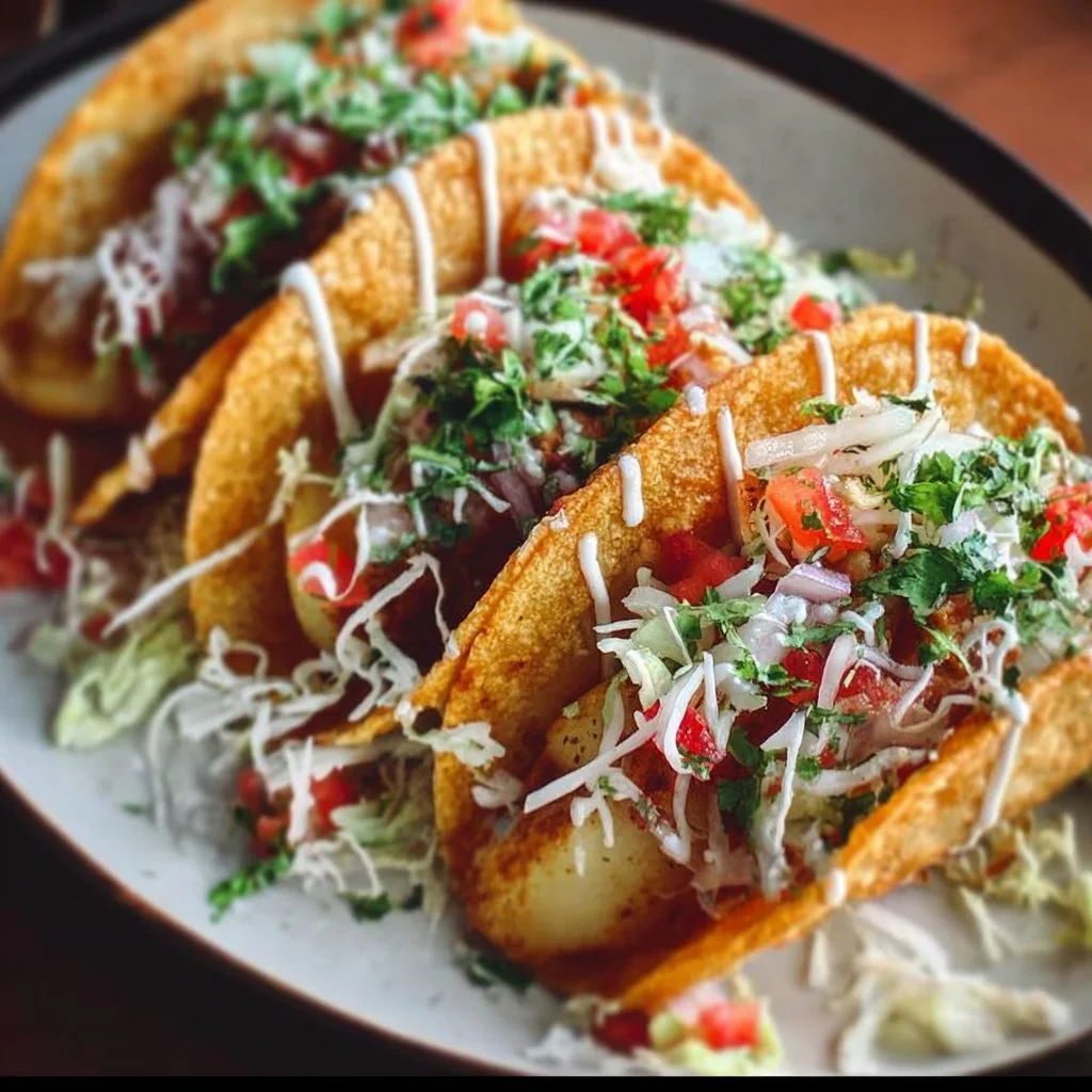 Delicious crispy potato tacos served with fresh toppings