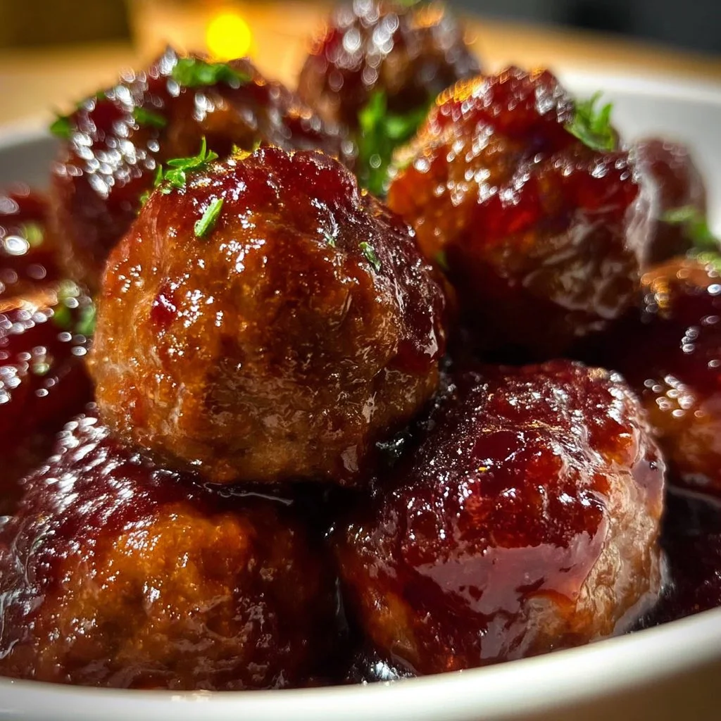 Crockpot Grape Jelly Chili Sauce Meatballs served on a platter