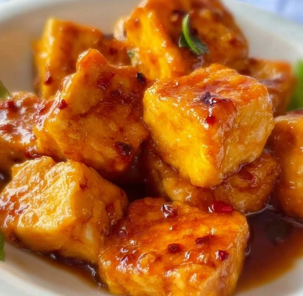 Plate of easy orange tofu with vibrant orange sauce and garnish