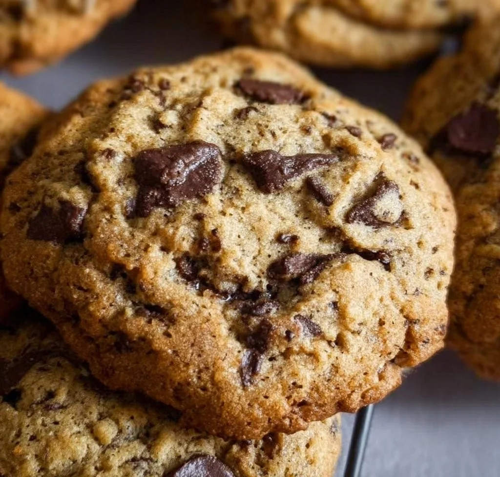 Freshly baked Einkorn chocolate chip cookies on a cooling rack.