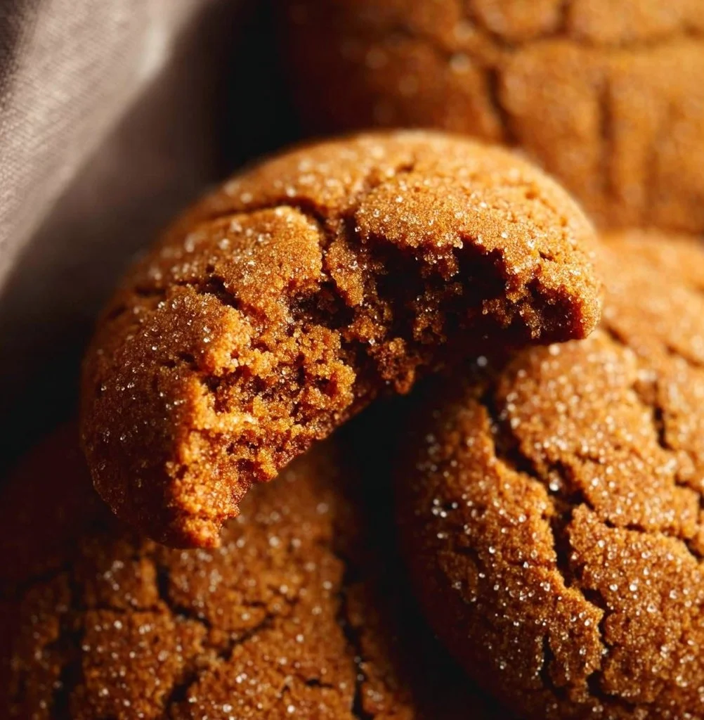 Homemade gingersnap cookies stacked on a plate