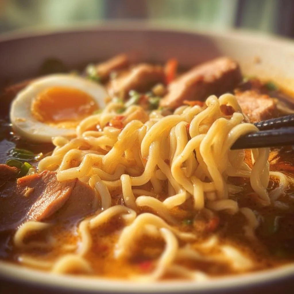 A bowl of gluten free ramen noodles topped with fresh vegetables and herbs.