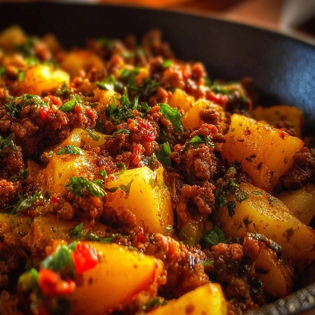Delicious ground beef potato hash served in a skillet with fresh herbs