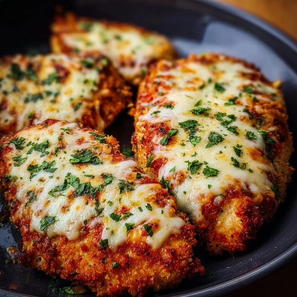 Guilt-free air fryer chicken parmesan served with fresh herbs and marinara sauce