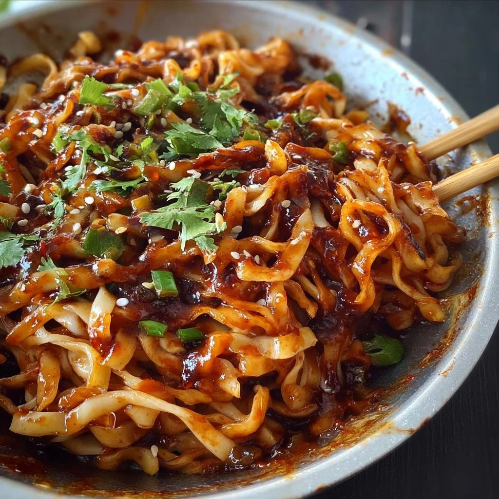 Bowl of homemade chili sauce served with noodles, showcasing vibrant colors and texture.