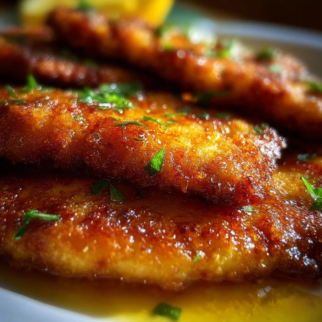 Crispy hot honey chicken cutlets served on a plate with garnish.