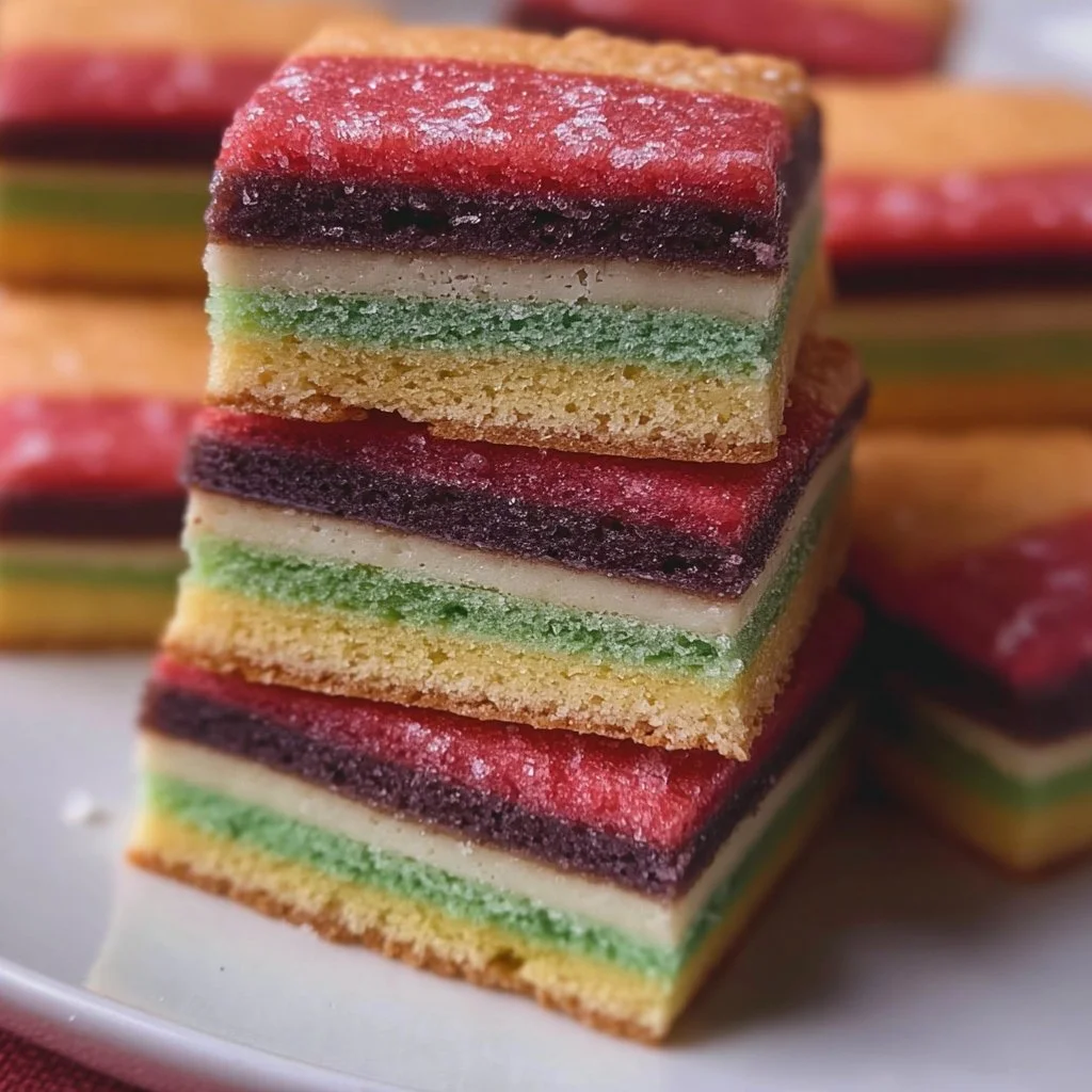 Delicious Italian rainbow cookies with layers of colorful almond cake and chocolate icing.