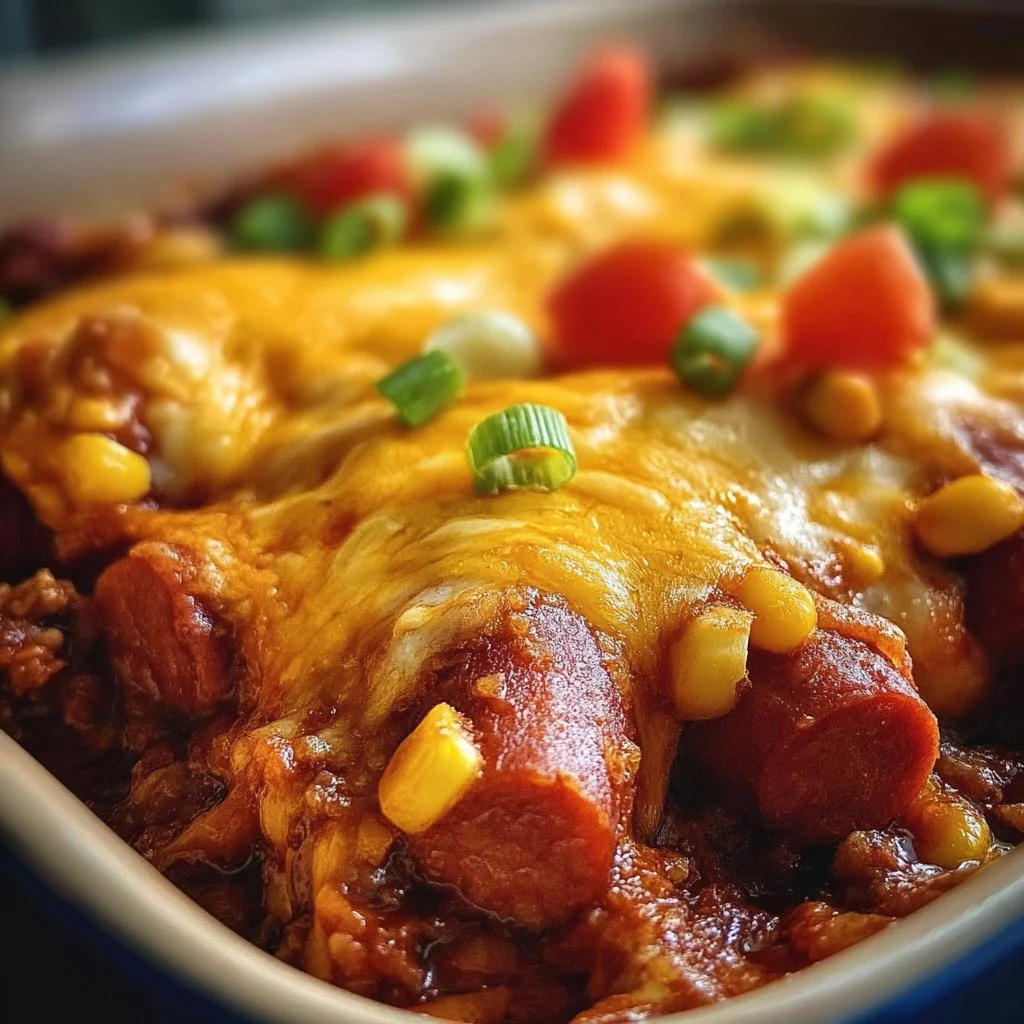 Delicious Keto Chili Dog Casserole served in a baking dish.