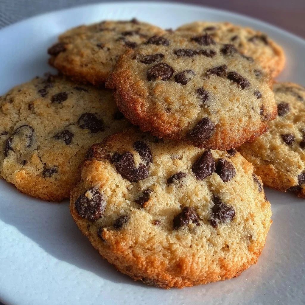 Keto chocolate chip cookies on a plate with chocolate chunks