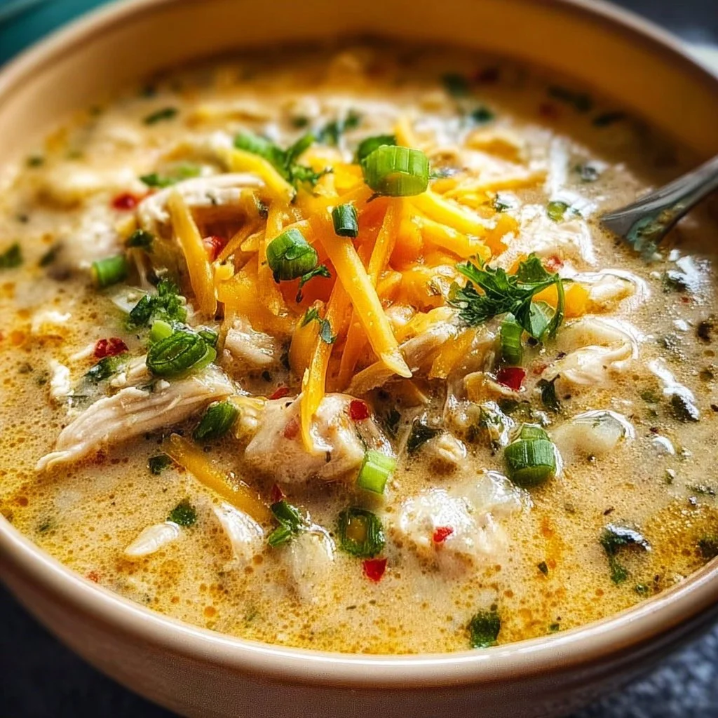 Bowl of Keto White Chicken Chili topped with cilantro and jalapenos