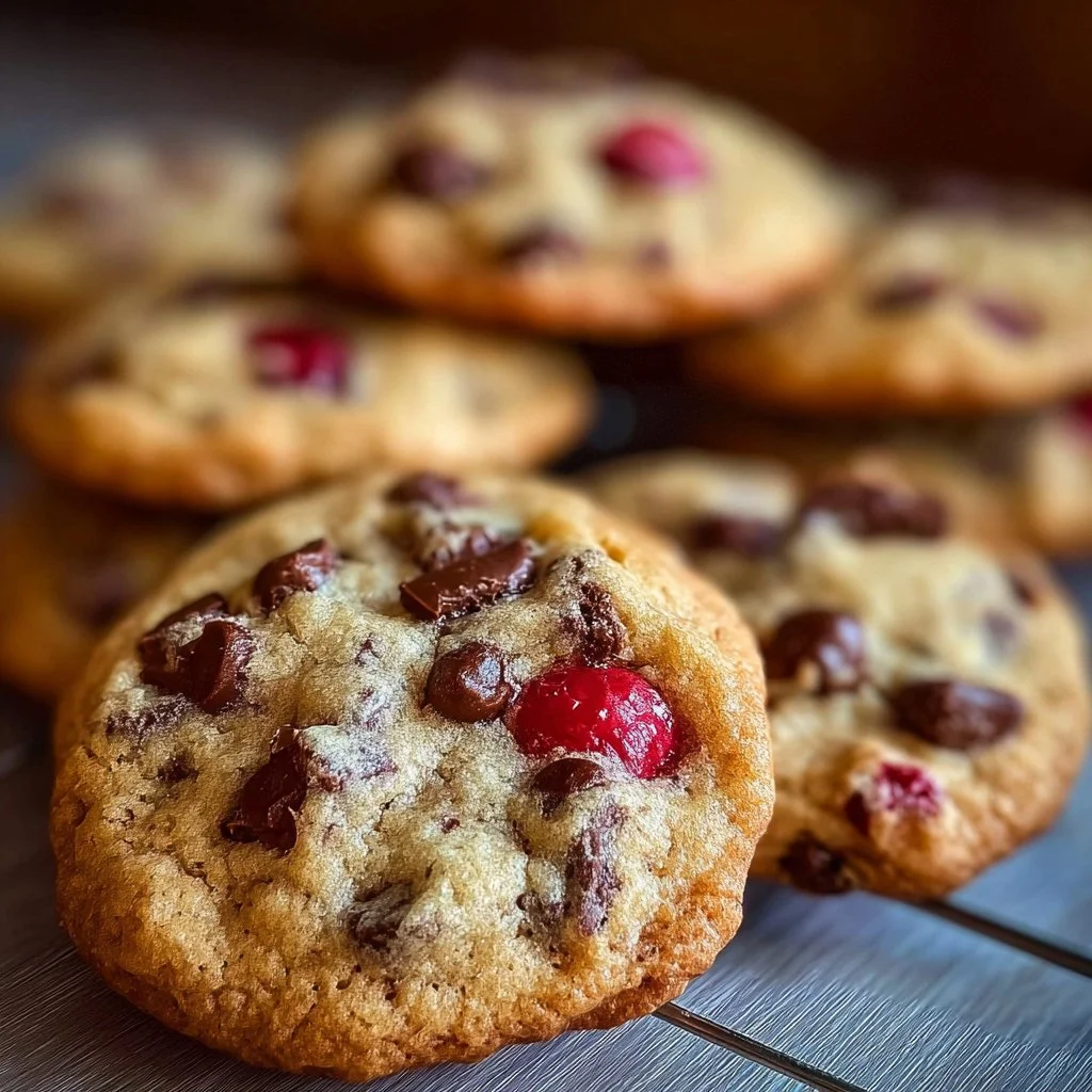 Maraschino cherry chocolate chip cookies on a plate, showcasing a delightful dessert.