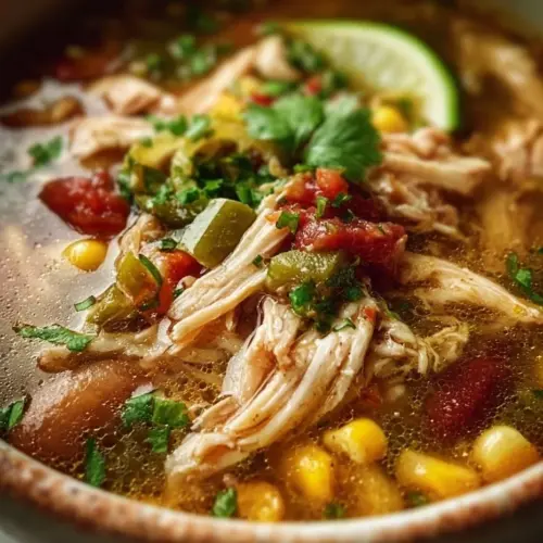 A bowl of flavorful Mexican Chicken Soup garnished with fresh cilantro and lime.