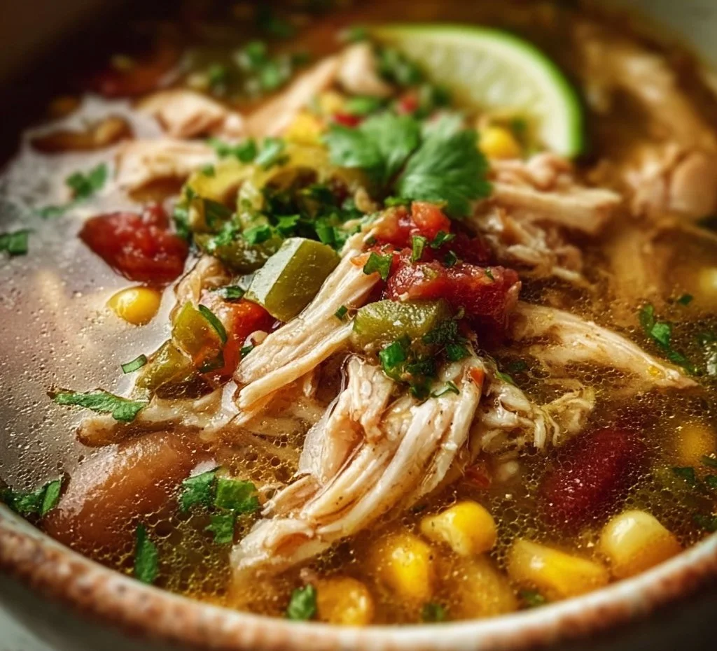 A bowl of flavorful Mexican Chicken Soup garnished with fresh cilantro and lime.
