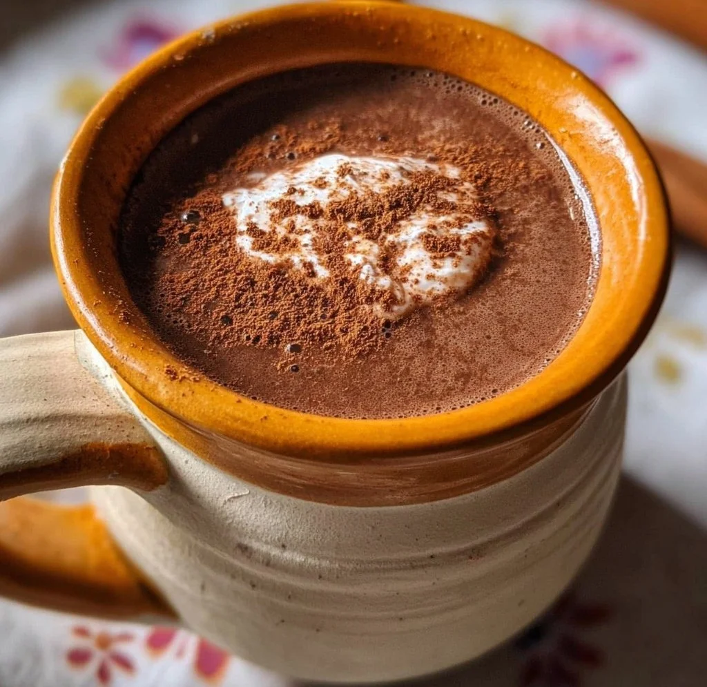 A warm cup of traditional Mexican Hot Chocolate topped with cinnamon and whipped cream.
