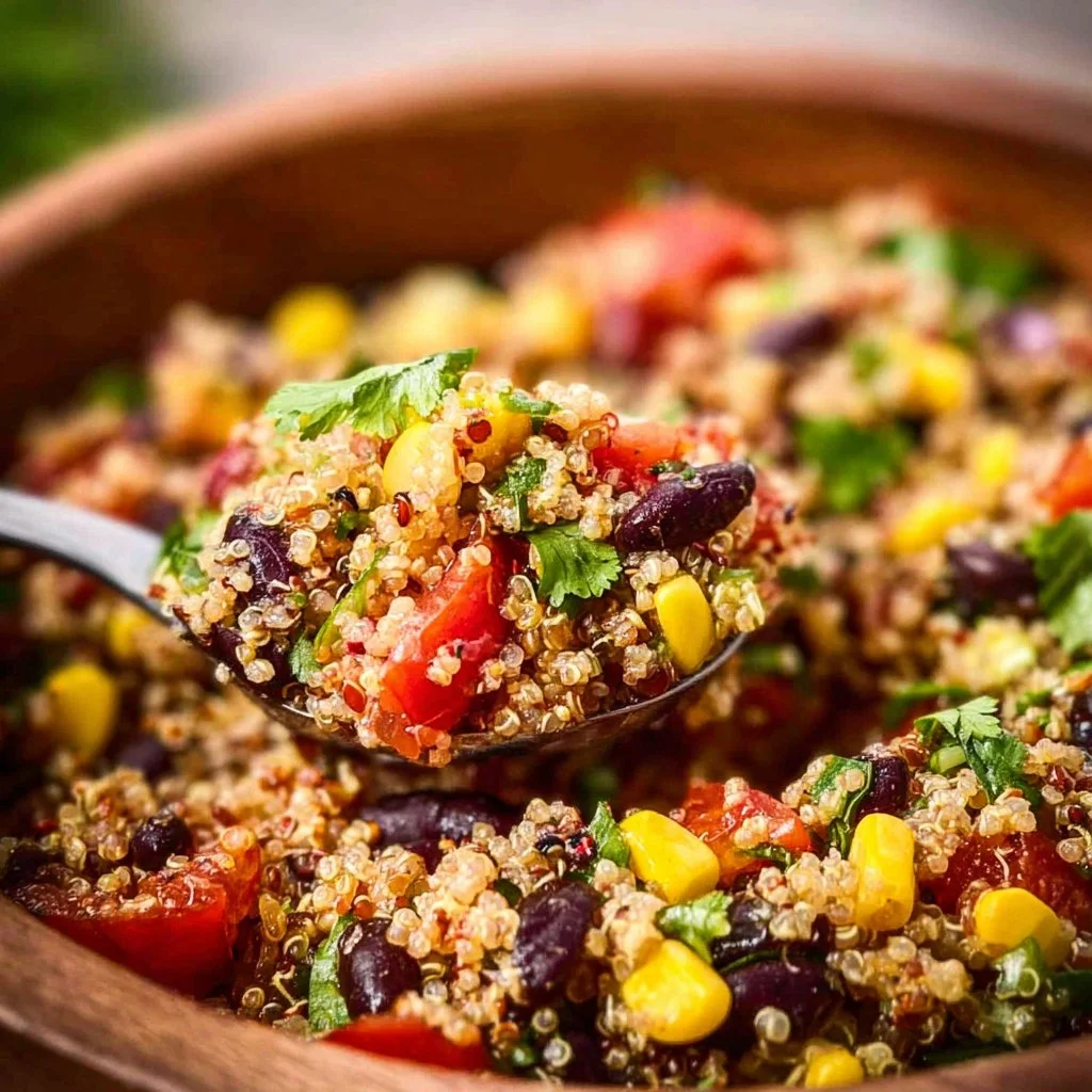 Colorful Mexican Quinoa Salad with black beans, corn, and fresh veggies