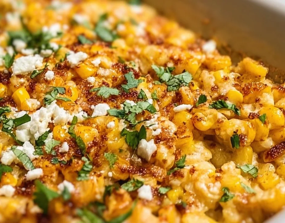 Delicious Mexican street corn casserole topped with cheese and spices