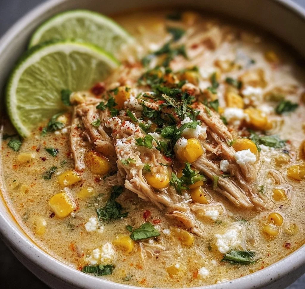 A bowl of Mexican Street Corn White Chicken Chili topped with fresh cilantro and avocado.
