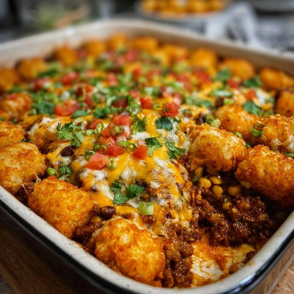 Mexican Tater Tot Casserole topped with melted cheese and spices