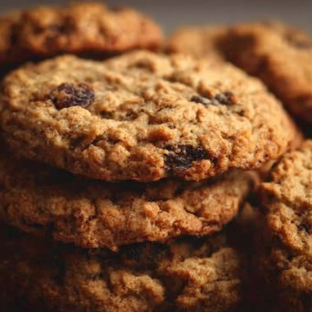 Delicious homemade oatmeal raisin cookies on a wooden table