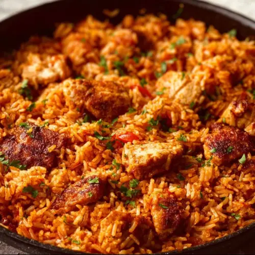 One Pan Mexican Chicken and Rice with colorful vegetables and seasonings