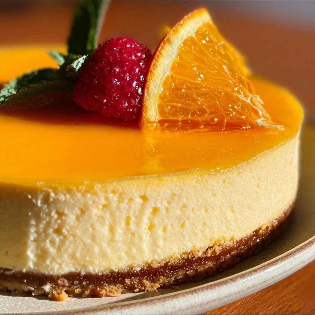 Delicious Orange Cheesecake topped with fresh orange slices on a white plate
